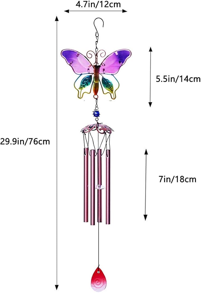 Evealyn Outdoor Butterfly Wind Chimes, Indoor Handing Stained Glass Metal Music Beautiful Wind Chimes for Home, Balcony,Window, Garden, Yard, Patio, Lawn Decoration (Purple)