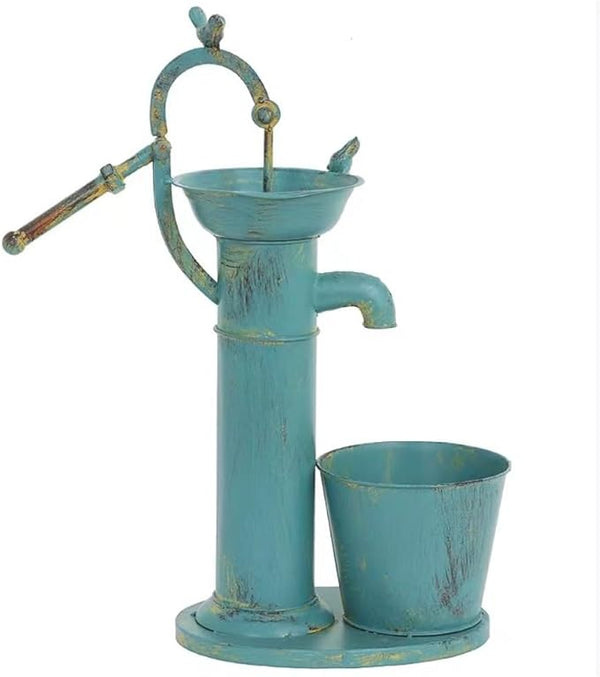 Vintage Garden Water Pump Decor, Rustic Wrought Iron Bird Bath, Red, Blue, White, Rust, Outdoor Yard Decor, Height 22 Inches (Blue)