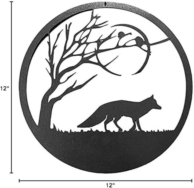 Black Fox Metal Wall Art For Outdoor Animal And Tree Silhouette Round Garden Decor Sculptures Metal Hanging Decoration