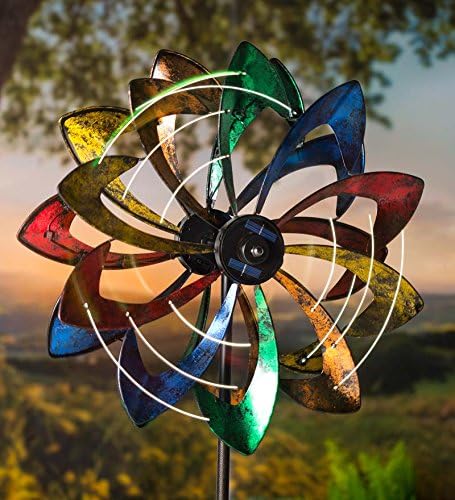 Plow & Hearth Solar Lighted 18 LEDs Flower Metal Wind Spinner | Antique | Bi-Direction Rotors | Dual-Motion | Over 6ft Tall | Easy Assembly