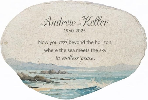 Beach Memorial with Waves Flat Garden Stone - Thoughtful Tribute Stone for Loved Ones - 7.88 Inch Decorative Stone for Graves or Gardens