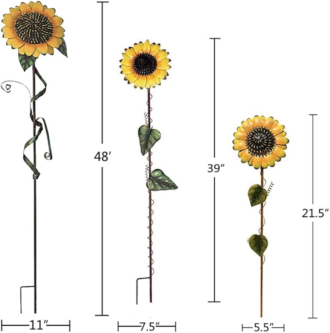 Metal Sunflower Garden Stakes Flower Yard Art Planter Stake Party Lawn Pathway Walkway Patio Decor Yard Sign Indoor Outdoor Decoration (22.5"+39"+48")