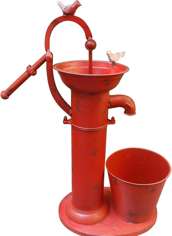 Vintage Garden Water Pump Decor, Rustic Wrought Iron Bird Bath, Red, Blue, White, Rust, Outdoor Yard Decor, Height 22 Inches (red)