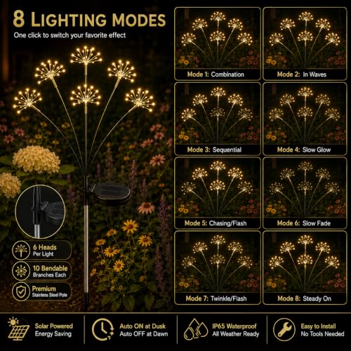 Solar Firework Garden Lights - 8 Modes, IP65 Waterproof