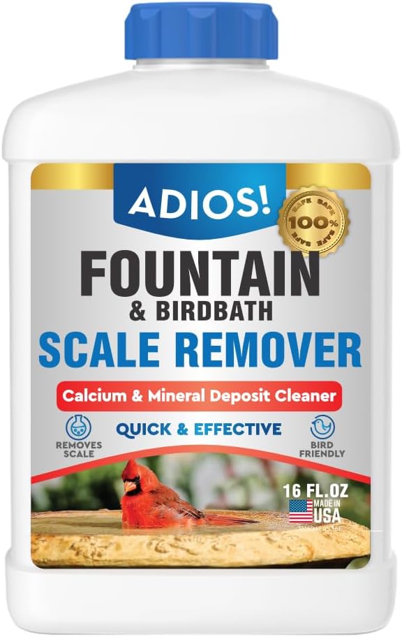 Adios! Fountain Scale Remover for Calcium, Lime and Hard Water Deposits on Bird Fountains, Baths and Water Features (16 oz)