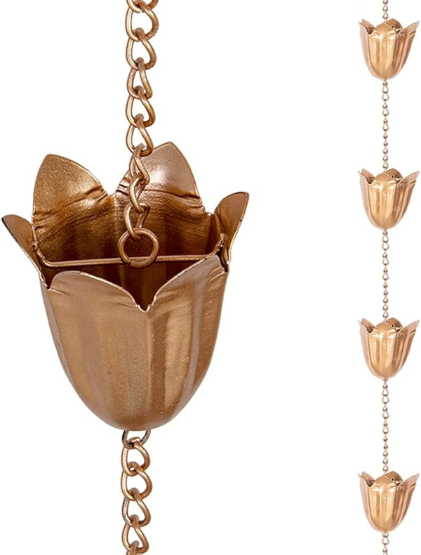 Rain Chains for Gutter, 8.3 Ft Tulip Rain Water Chain with 12 Cups, Adjustable Gold Rain Catcher Chain, Replacement Downspout for Gutters, Eaves Drainage Decor