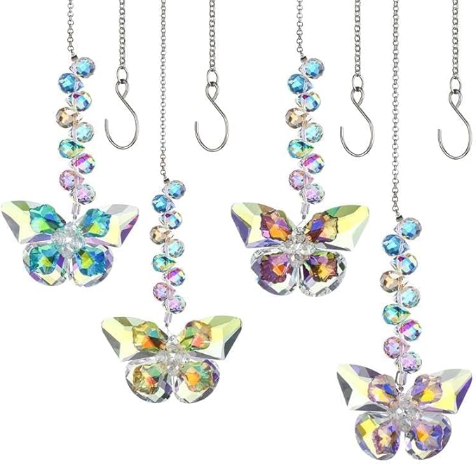 HDCRYSTALGIFTS 4pcs Crystal Butterfly Suncatchers for Window Hanging Rainbow Maker Sun Catchers Indoor Glass Butterfly Decoration for Spring Home Garden Decor, for Mom Women