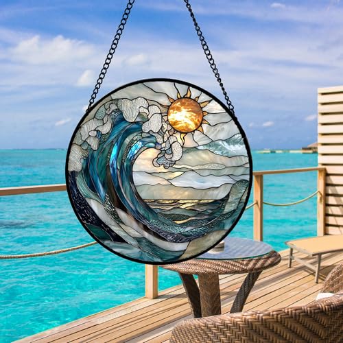Blue & White Waves Stained Glass Suncatcher - 6.3"