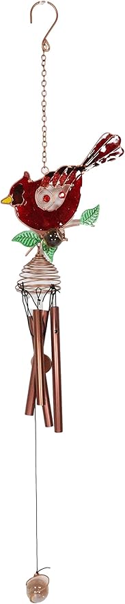 Ebros Gift Artistic Stained Glass Red Cardinal Bird Perching On Twig Branch Copper Metal Wind Chime 24.25" Long Hanging Mobile Outdoor Patio Garden Decor Accessory