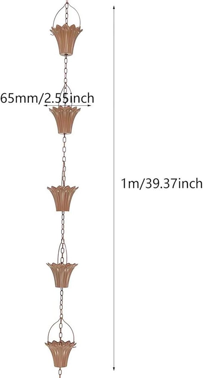 Copper Plated Rain Chain for Outside Downspouts,Adjustable Rain Catcher Chain for Eaves Drainage,Decorative Metal Hanging Flower Spiral Rain Bells(B)