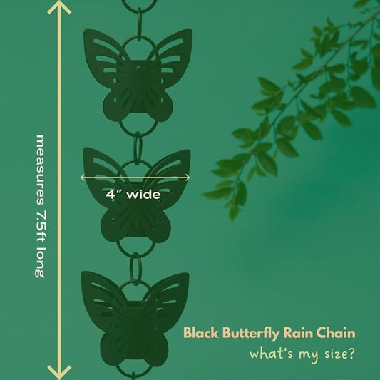 Black Rain Chains for Gutters, Butterfly Rain Chain, Butterfly Garden Decor, 7.5 feet Long