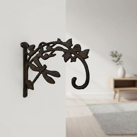 Comfy Hour 9.25" Dragonfly Decorative Plant Wall Hanger, Heavy Duty Cast Iron Wall Mount Bracket for Hanging Baskets, Bird Feeders, Lanterns & Wind Chimes, Vintage Brown, 1 Pack