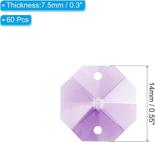 PATIKIL K9 Crystal Octagon Beads 2 Holes Pendants, 60 Pack 14mm Chandelier Prisms Parts Ornaments Hanging Beads for DIY Arts Crafts Decoration, Light Purple