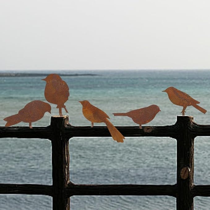 CREATCABIN 5Pcs Rusty Birds Decoration Outdoor Birds Decor for Yard Art Metal Craft Statue Ornaments Iron Sculptures Stakes Rustic Garden Decor for Farmhouse Yard Fence Decorations