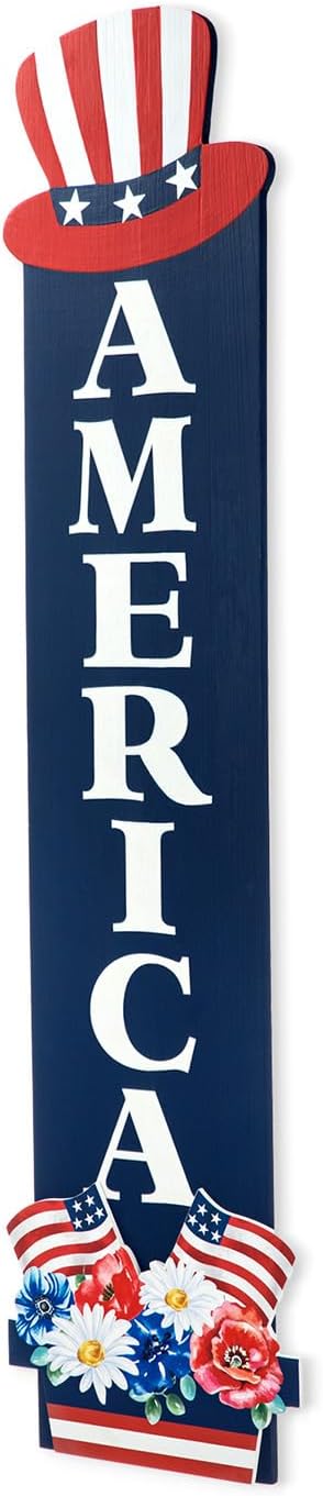 Glitzhome Patriotic 4th of July Independence Day Porch Sign Decor Memorial Day 42"H Americana Wooden "AMERICA" Porch Decor Hanging Sign Front Door Porch Standing Decorative Signs Plaques
