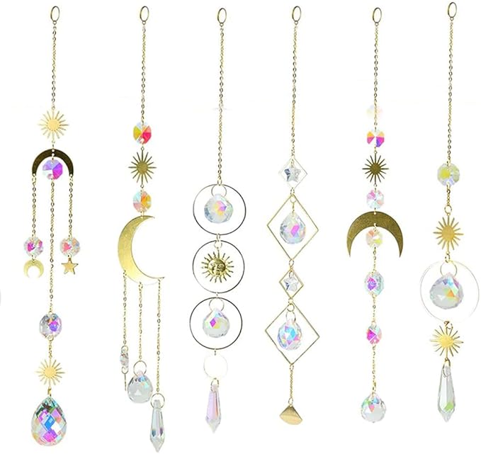 6PCS AB Crystal Suncatcher Hanging Sun Catcher with Chain Rainbow Maker Pendant Crystal Balls Prism for Window Home Garden Christmas Party Wedding Decoration