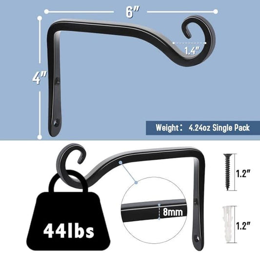 FEED GARDEN Heavy Duty Plant Hooks - 2 Pack 6 Inch Wall Mounted Hanging Brackets, 44lb Capacity Steel Plant Hangers for Bird Feeders, Baskets, Wind Chimes - Black