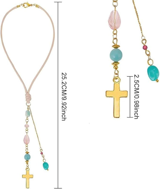 Cross Hanging Car Mirror Ornament Amazonite and Crystal Bead Charm Suncatcher Car Mirror Pendant Accessories Good Luck Keychain for Bag Window Cars Door Garden Balcony Home Decoration