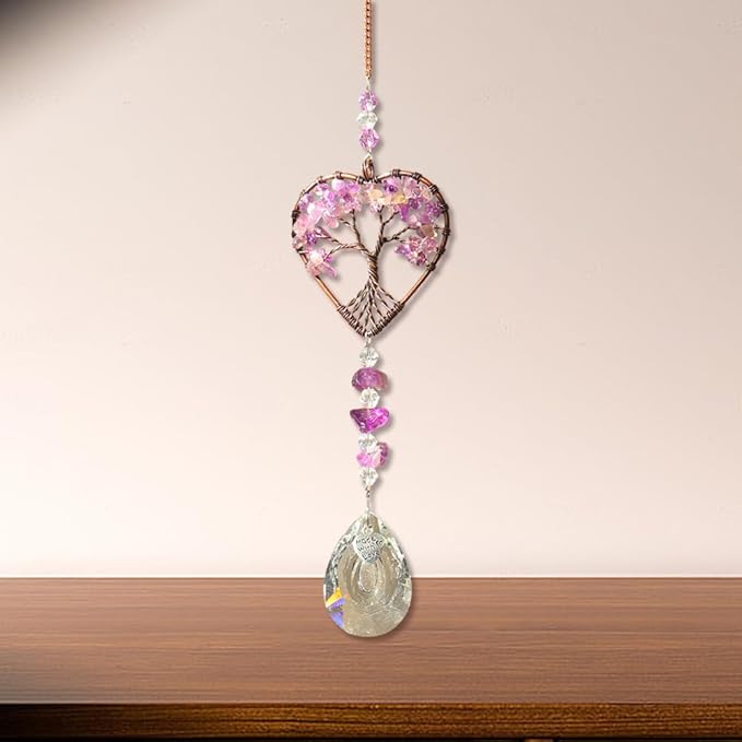 Suncatcher Window Hanging Tree of Life Heart Shaped Crystal Ball Prism Drop Ornament with Purple Rainbow Maker Pendant for Garden Home Decor Indoor Outdoor Windows 7in