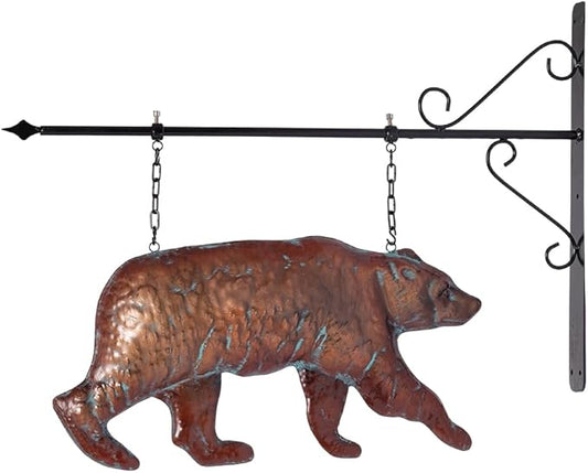 Bear Statue Outdoor Haning Decor for Yard and Garden,27“L x 22”H Vintage Grizzly Garden Statues and Sculptures with Arrow & Bracket,Antique Copper Walking Bear Metal Yard Art for Outside Porch