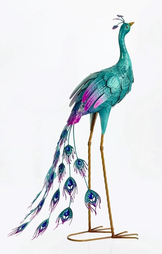 AI-GG9512-Q12 Peacock with Tail Feathers Down Metal Garden Sculpture Multi Color - Set of 12