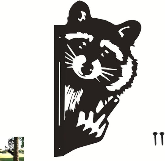 Funny Peeking Squirrel Metal Sign, Middle Finger Garden Yard Art Decor, Rustic Animal Wall Ornament for Tree, Fence, Outdoor Farmhouse, Bigfoot Gag Gift (#Raccoon, 15")