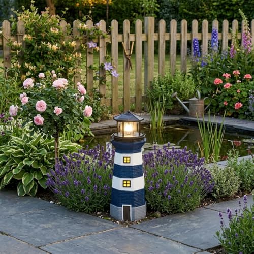 Solar LED Lighthouse - 40cm, Blue & White, Auto-On