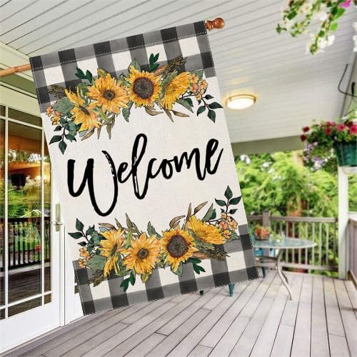 LARMOY Welcome Spring House Flag for Outdoor,28×40 Double Sided Black and White Buffalo Plaid with Sunflowers,Large Decorative Yard Flags for Summer All Seasons, Seasonal Farmhouse Outside Decor