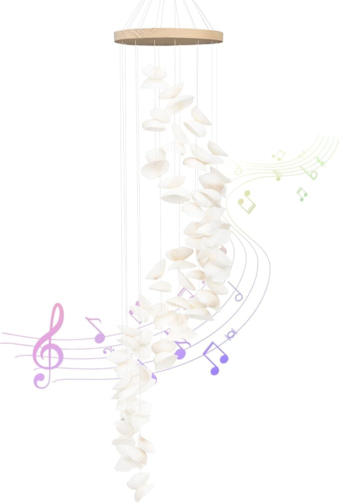 White Seashells Wind Chimes for Outside, Handmade Spiral Shape Beach Style Shells Windchime for Patio and Garden Hanging Decor, Beach & Coastal Decor, Sunroom Decoration, Ocean Themed Party