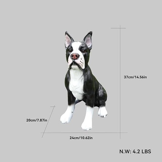 Adorable Boston Terrier Dog Sculpture with Solar Lantern & Double-Sided 'On Patrol' and 'Welcome' Signposts – Playful Outdoor Resin Statue for Garden, Yard, Patio