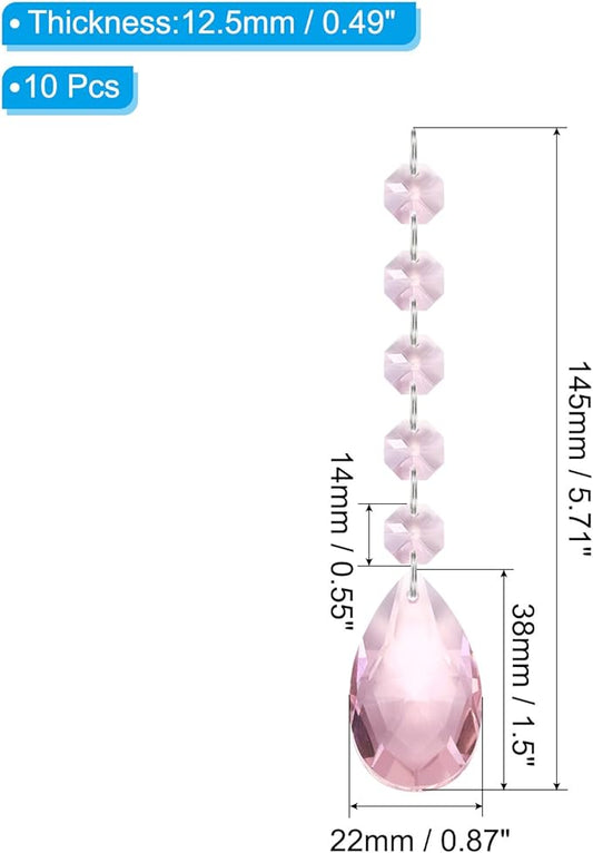 PATIKIL Teardrop Crystal Chandelier Pendants Beads, 10 Pack 145mm Length 38mm Chandelier Prisms Parts Ornaments Hanging Beads for DIY Arts Crafts Decoration, Pink