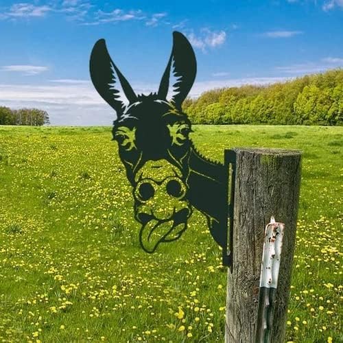 Outdoor Sculpture Funny Metal Art Donkey Silhouette,Donkey in Sunglasses,Donkey with Tongue Out,Donkey Laughing Out Loud,Garden Yard Decor Gifts Wooden Stake Fence Animal Statue (B)