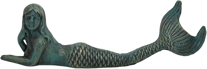 GSM Iron Laying Mermaid Figurine, 3"H x 10"L x 1.5"W, Brown, Rustic Finish, Garden Decor