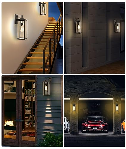 2 Pack 18" Black Outdoor Wall Sconce - Glass Shade, E26 Socket