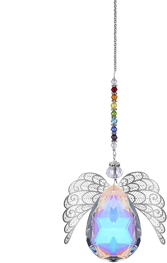 HDCRYSTALGIFTS 14'' Haning Crystal Guardian Angel Suncatcher Glass Angel Ornaments for Christmas Tree Rainbow Maker Prisms Sun Catcher for Window Home Decor (AB Color)