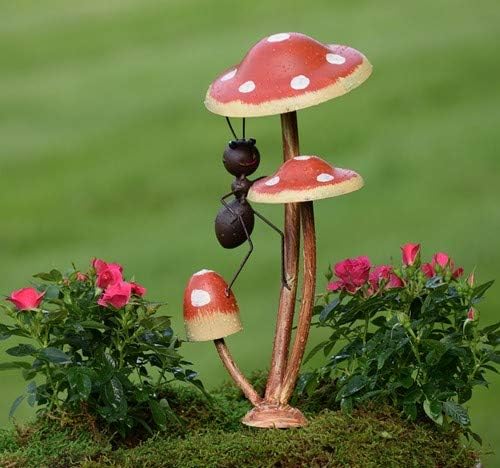 Zaer Ltd. Metal Ants on Mushrooms Short Garden/Pot Stake (1 Ant, Standing Low)