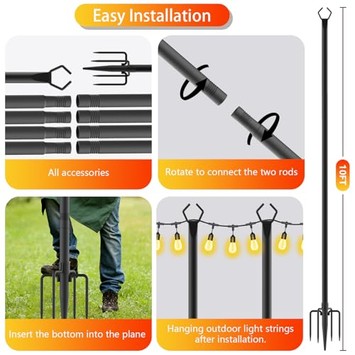 String Light Poles - 8 Pack, 10 FT Metal with Fork
