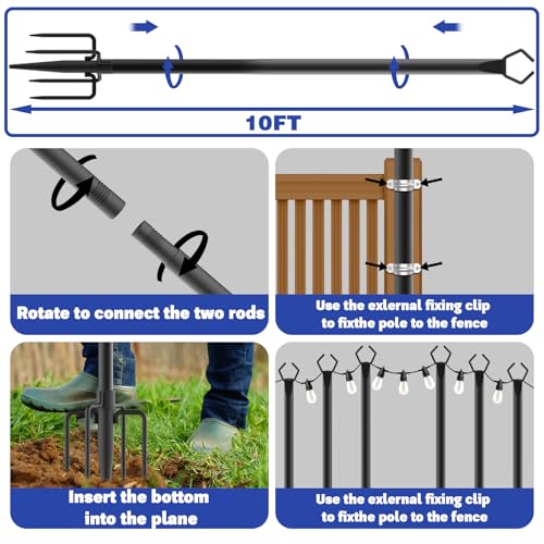 6 Pack 10 ft Heavy Duty Metal String Light Poles - Adjustable Rustproof