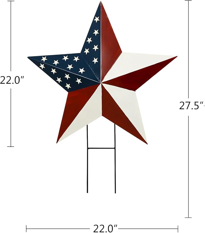 Metal Star Memorial Day Decorations Outdoor Garden Stake, Patriotic US Flag Barn Star Wall Decor, 4th of July Yard Sign American Decor for Front Porch Patio Lawn
