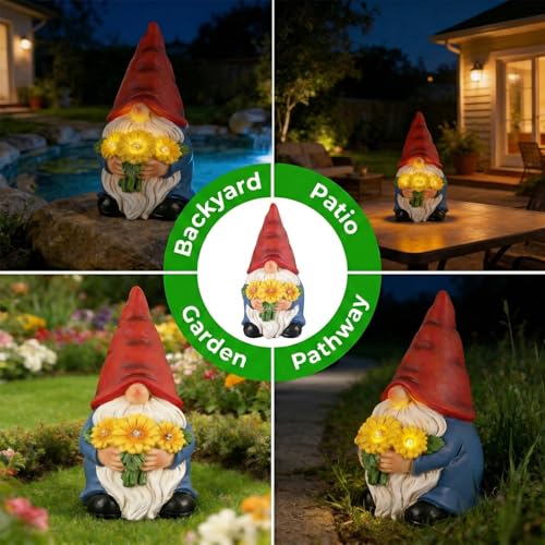 Garden Gnomes with Solar Sunflower Lights - Outdoor Decor