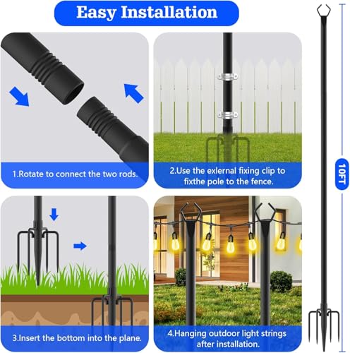 SINLEY 10 Ft Metal String Light Poles - 4 Pack with Fork