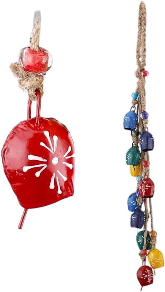 Handmade Hanging Bells Wind Chimes on Rope 10 Bell – Vintage Cow Bell Cluster for Door, Wall & Indoor Outdoor Decor – Metal Tin Bells with Jute Rope for Christmas, Farmhouse, Boho, Shabby Chic