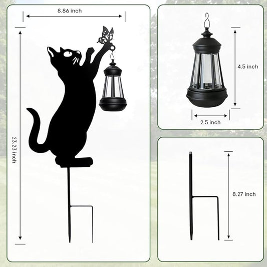 Lily's Home Black Cat Garden Decor with Solar Light Lantern - Outdoor Solar Lights for Pathway & Patio - Durable Waterproof Metal - Yard & Patio Decor - Unique Gift for Cat Lovers - 23’’ Tall