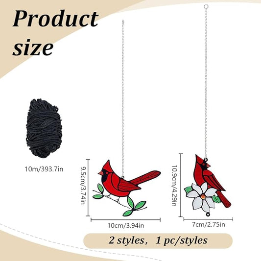 WEBEEDY 2 Styles Red Cardinal Memorial Gifts Wind Catcher Chime Parts Replacement with 33FT Nylon Cord Metal Cardinal Hanging Ornament Suncatchers for Garden Window Christmas Outdoor Decorations