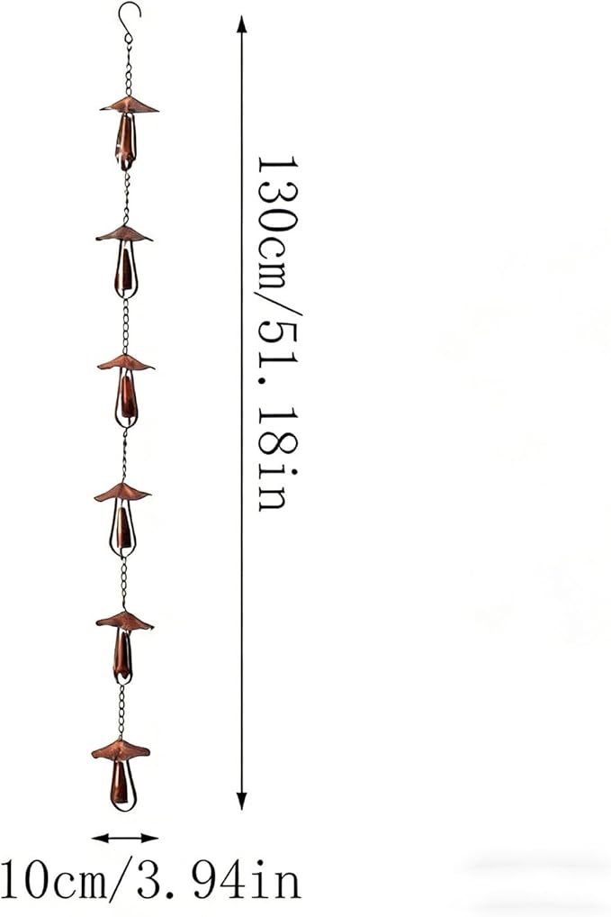 Vintage Iron Mushroom Rain Chain, Rustic Outdoor Garden Decor Wind Chime, 51.18 in Metal Mushroom Rain Catcher, Decorative Gutter Downspout Alternative (1Pc)