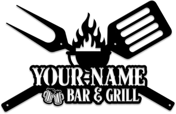 MeMate Personalized Outdoor Sign, Bar and Grill Signs for Backyard Patio, Personalized Name Metal Sign, Customized Outdoor Signs, Large Plaque Wall Hanging Art for Men Caves, Porch, Deck