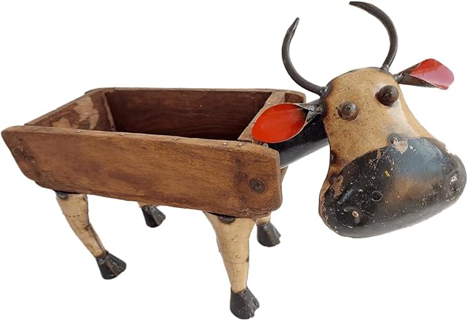 DeKulture Recycled Iron Cow Planter with Brick Mold Base - Charming Garden Statue (19.5x5.5x12.5 Inches)