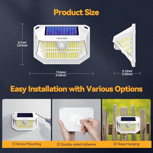 TECKNET Solar Motion Lights 231 LED - 300° Angle, 3 Modes, IP65 (4 Pack)
