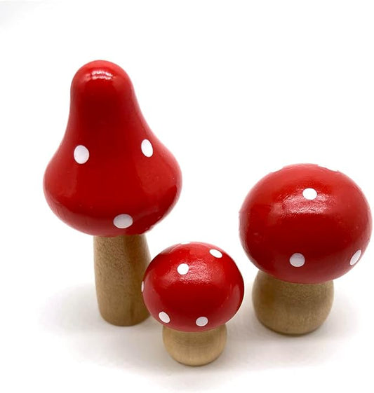 Aliotech 3Pcs Mini Mushrooms Miniature Figurines Wooden Mushrooms Fairy Garden Accessories for Micro Landscape Miniature Garden Flower Pots Bonsai Craft Decoration(Red)