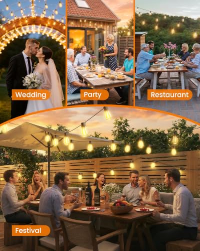 Torkase 50FT LED String Lights - S14 Shatterproof, Dimmable, Waterproof
